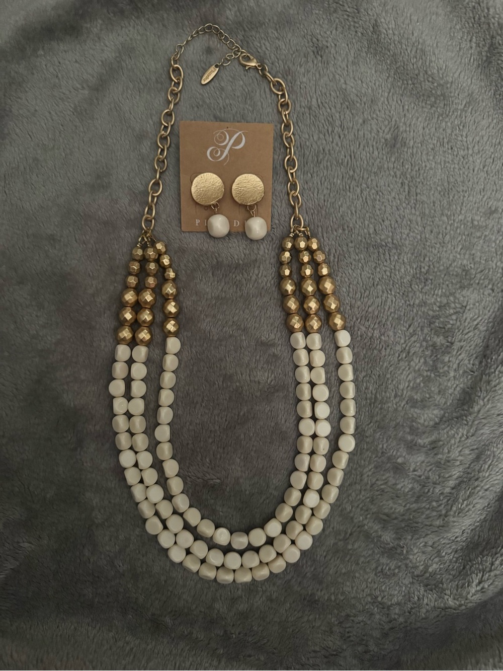 Plunder Cream White and Gold Beaded Statement Necklace with Matching Earrings